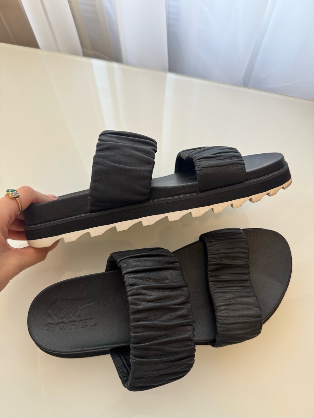 Sorel Black Two-Strap Ruched Slide Sandals